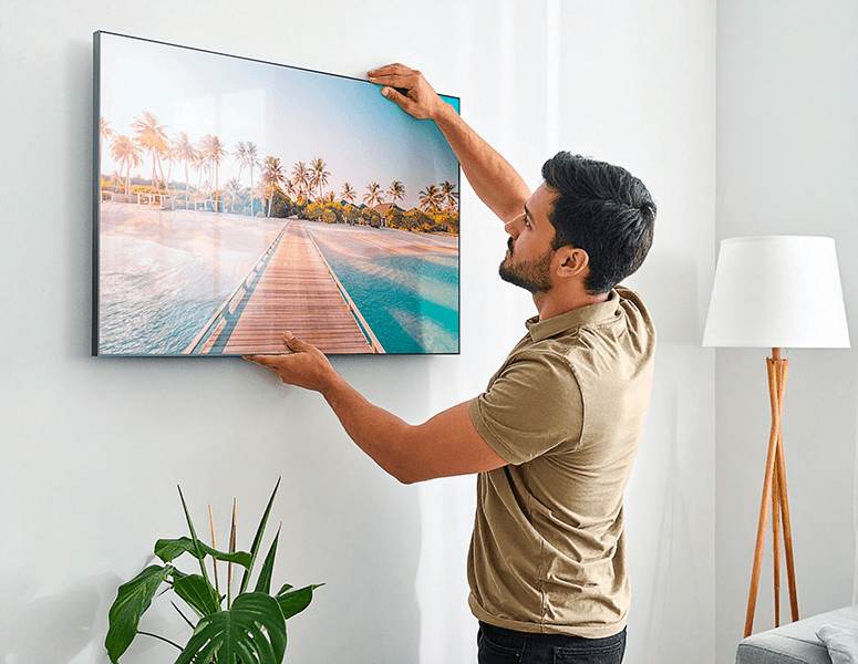 Professional installation of a photo print on a wall