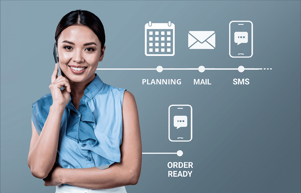 Woman on the phone with delivery planning icons showing scheduling, email, and SMS notifications