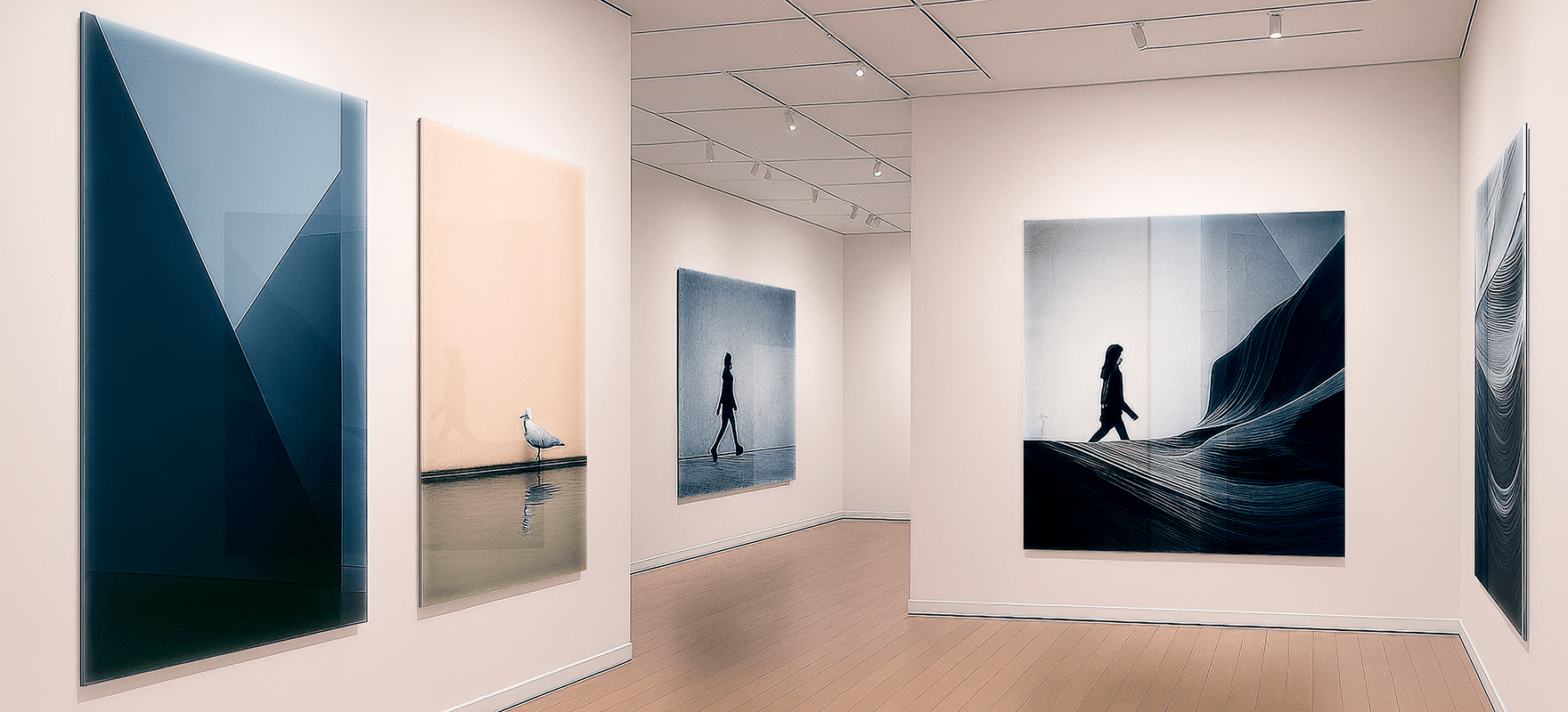 Large-format photo prints behind plexiglass displayed in a modern gallery with white walls