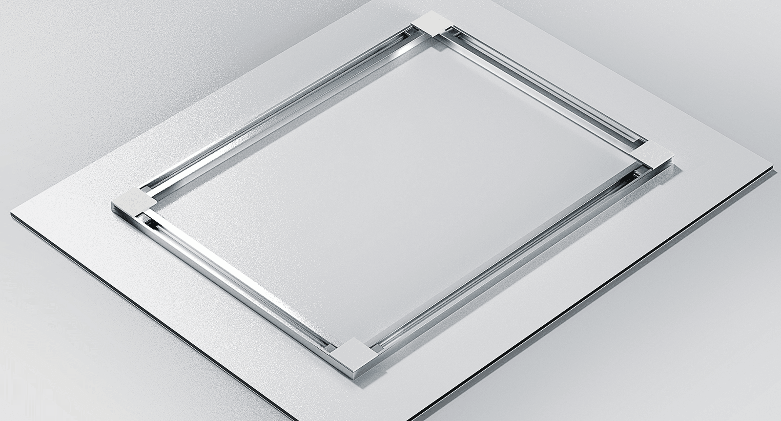 FinoArt aluminium rail mount system on the back of a print panel showing four rails with corner connectors