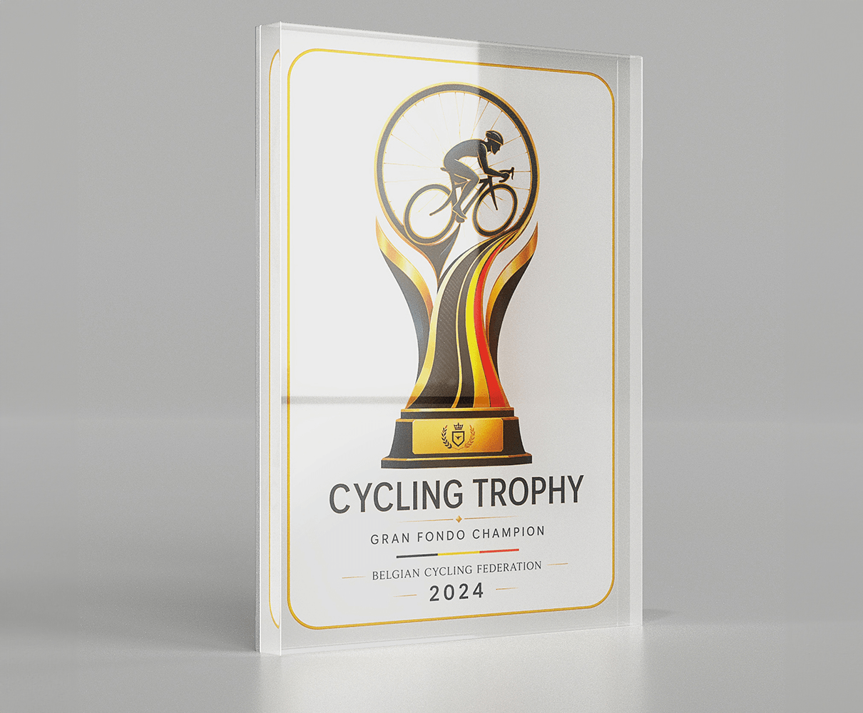 Acrylux Block 15×20cm portrait with cycling trophy design in Belgian colours, printed on clear acrylic