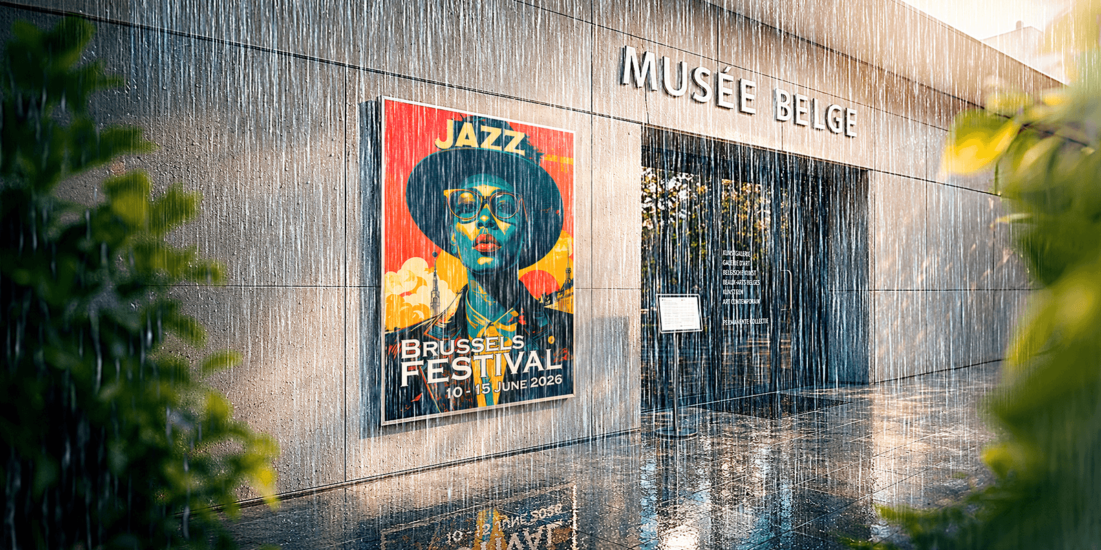 Colorful jazz festival poster on Dibond panel mounted outdoors on museum wall in the rain