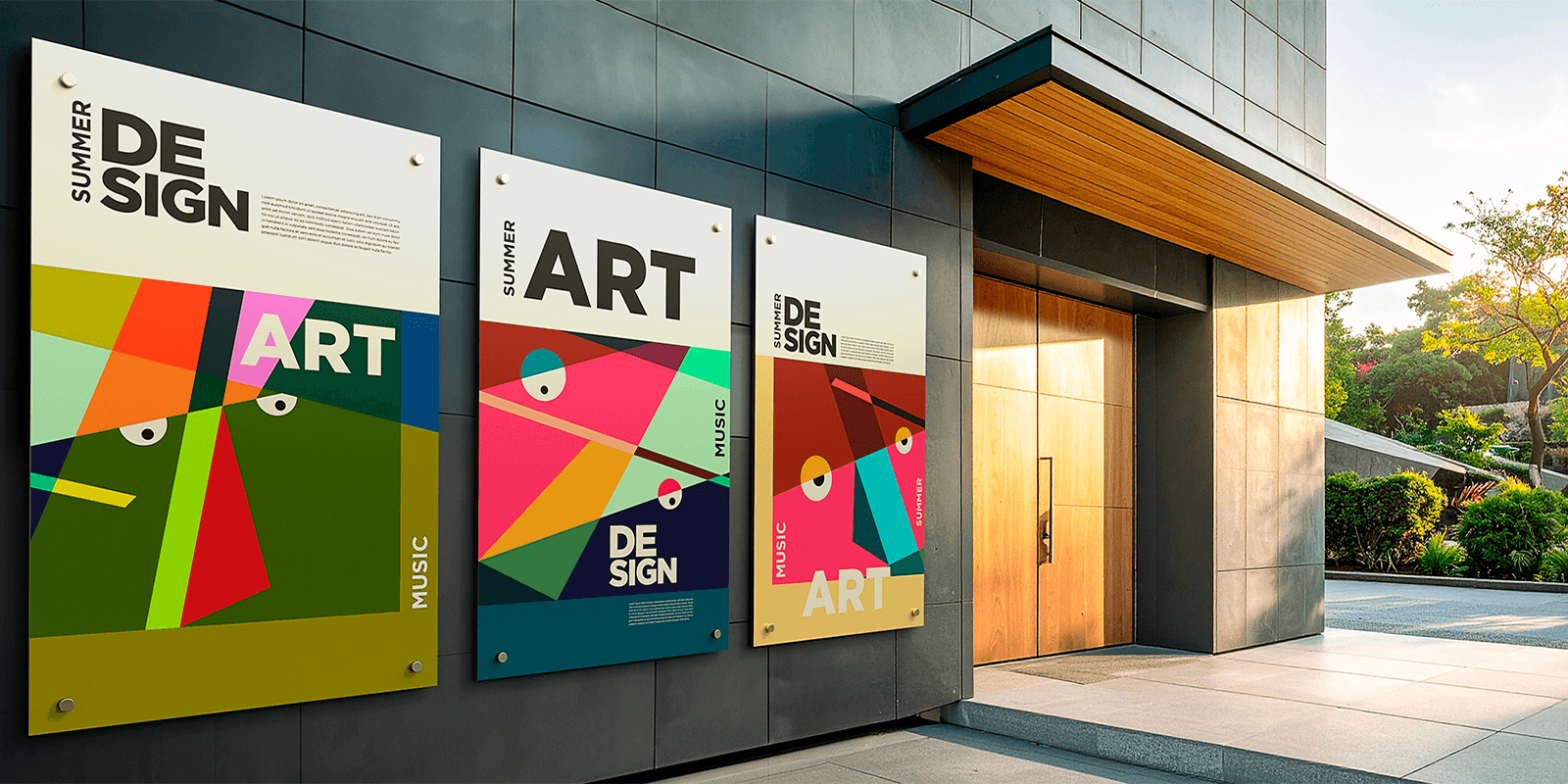 Three colorful geometric art posters on Dibond mounted on modern building exterior wall