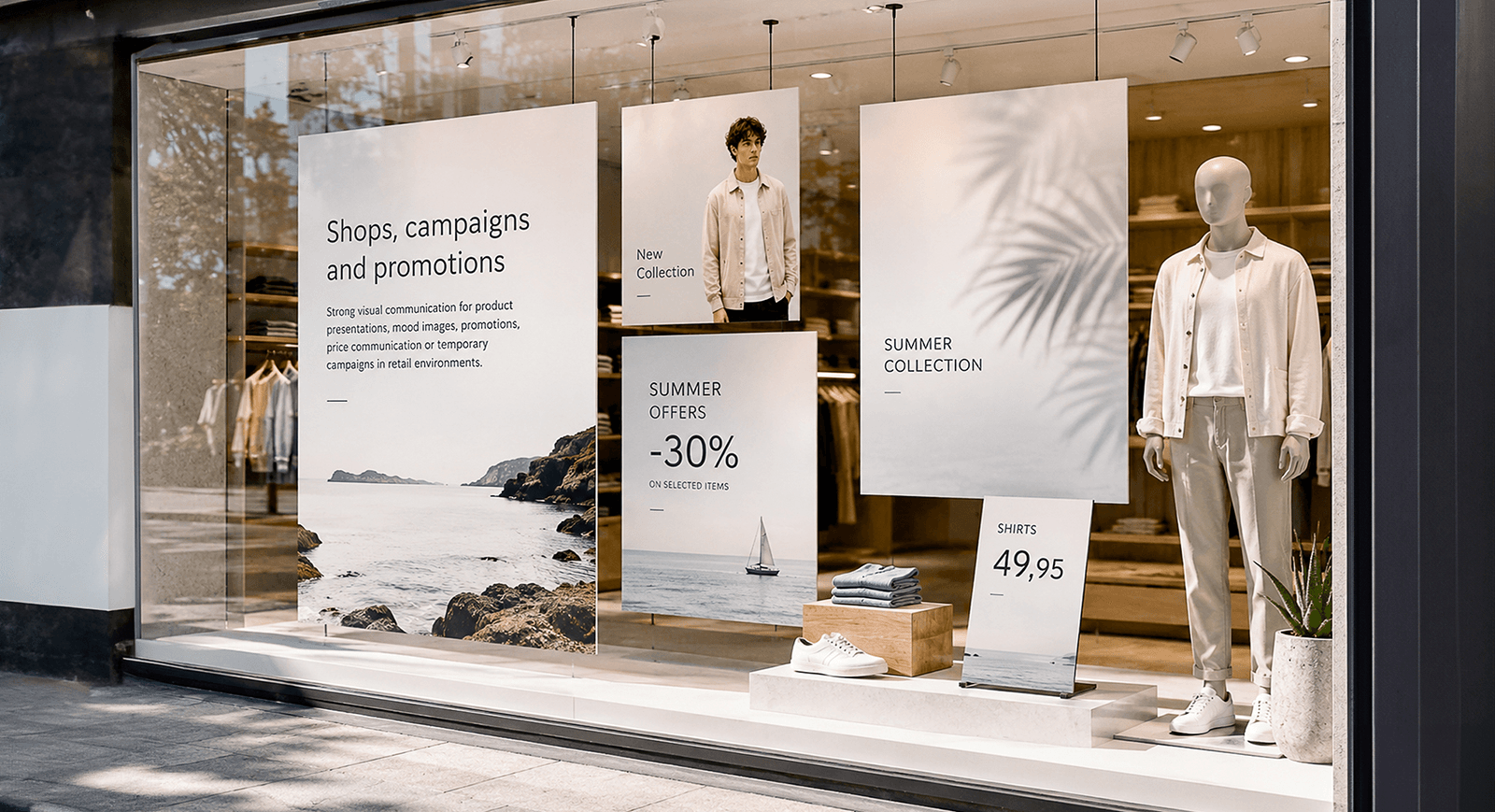 Clothing store window display with printed fashion panels, coastal imagery and summer collection signage