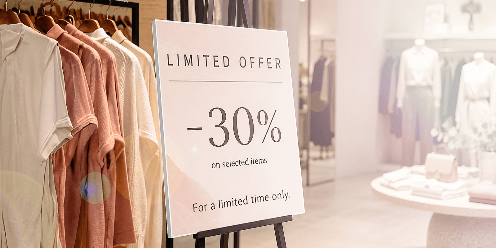 Promotional panel on easel in clothing store showing limited time discount offer with clothing racks