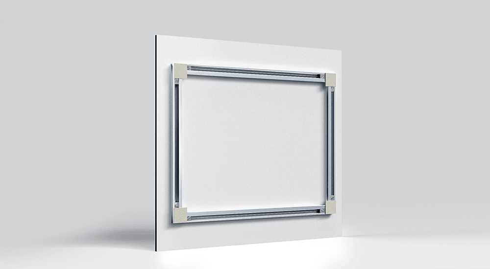 Professional aluminium hanging rail mounted on panel back for floating wall display