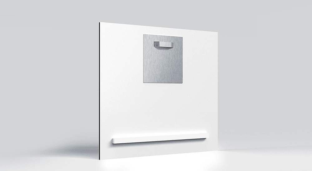 Panel back with hanging hook and bottom stabiliser for flat wall positioning