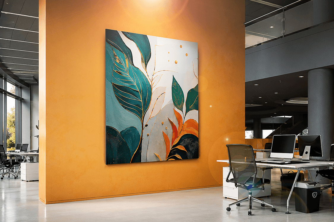 Large-format botanical leaf artwork printed on Dibond panel in a modern open-plan office