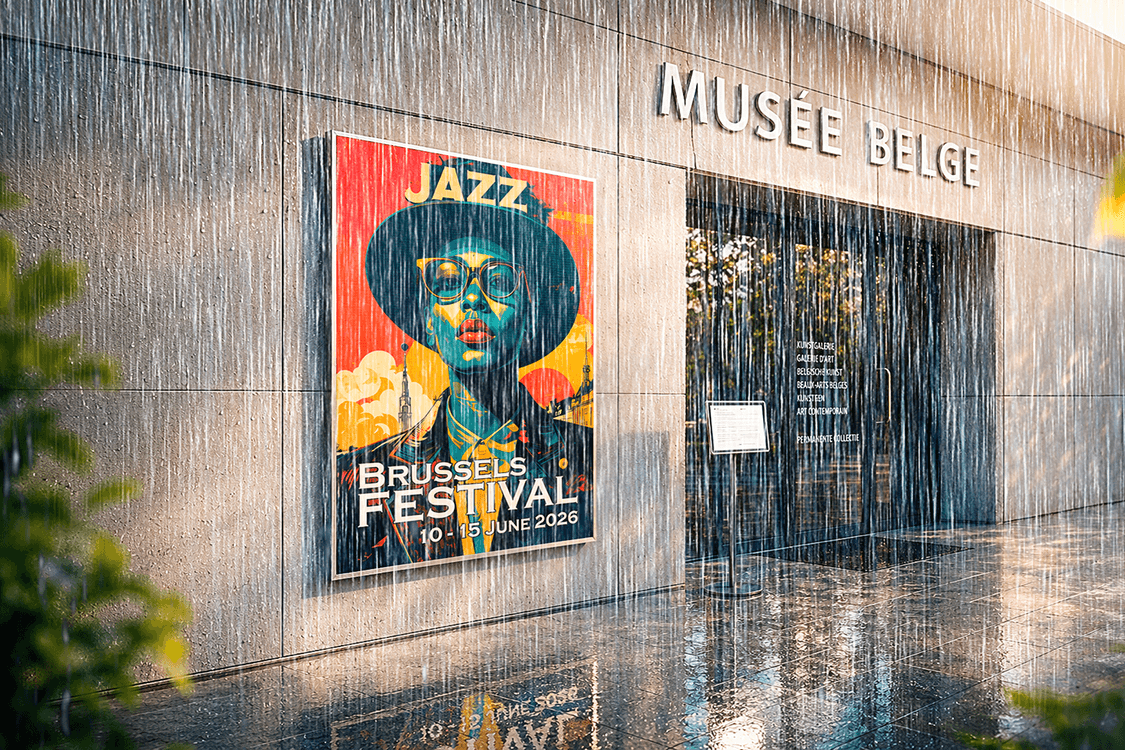 Colorful jazz festival poster printed on Dibond panel outside a museum, withstanding rain