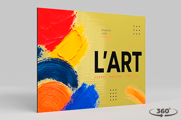 360° view of photo print on gold-brushed Dibond aluminium panel