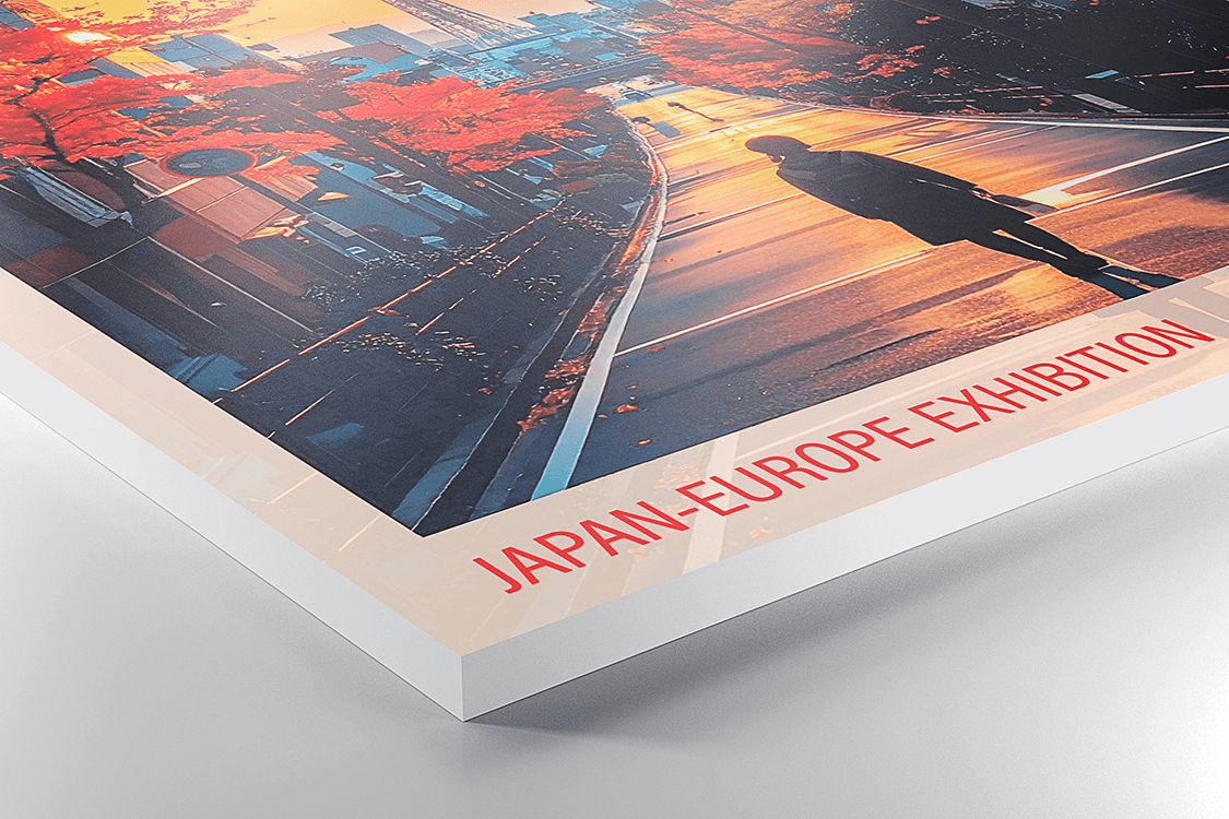 Corner view of lightweight Forex panel printed with vibrant autumn street scene exhibition poster, showing thick foam PVC structure