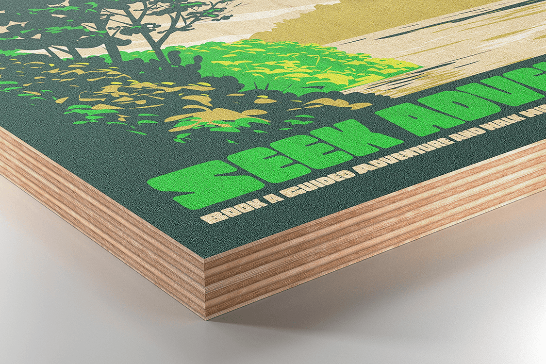 Corner view of birch wood panel printed with nature adventure poster, showing layered plywood structure with visible wood grain