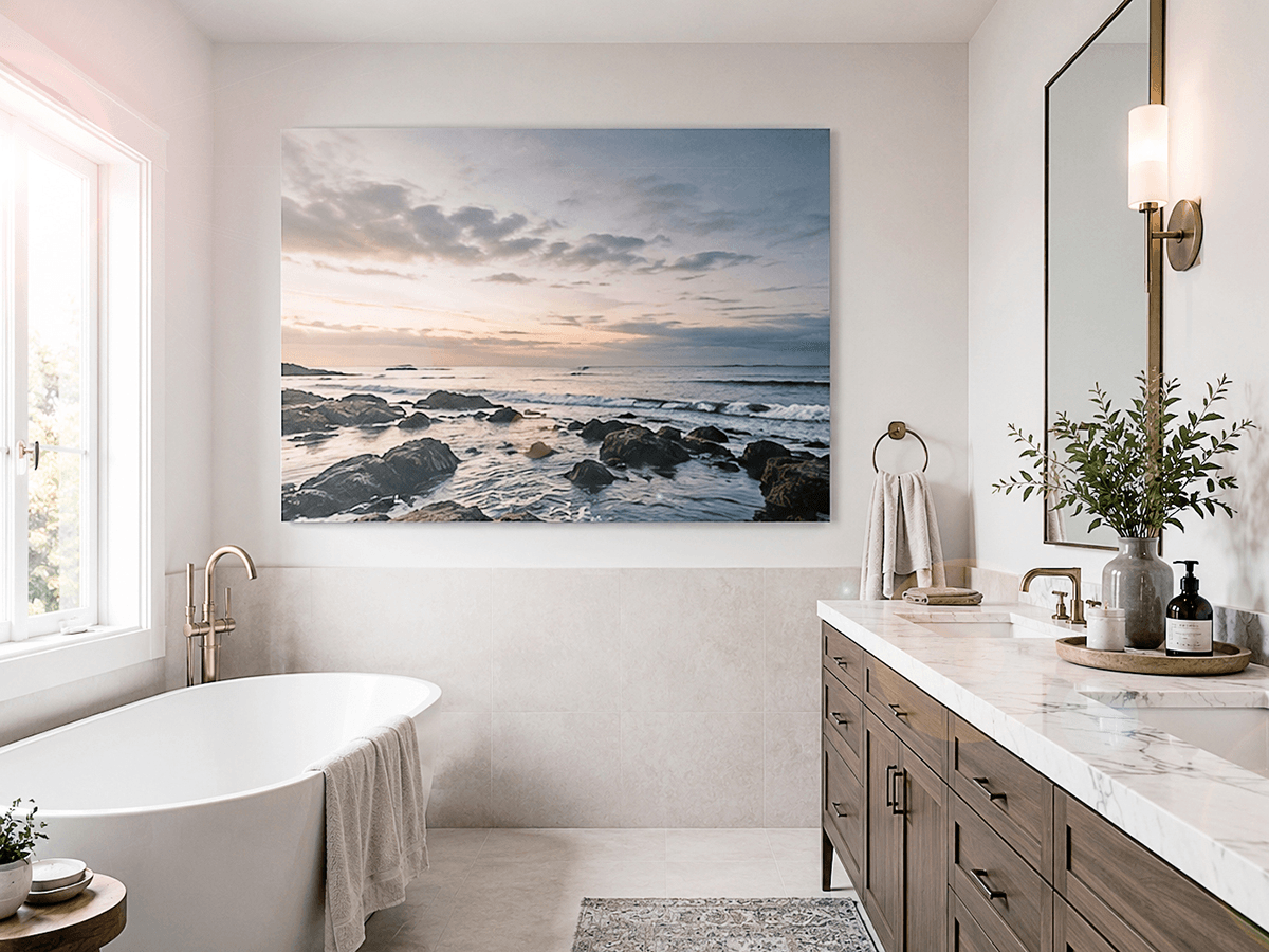 Dibond photo panel in modern bathroom with large-format print near spa bath