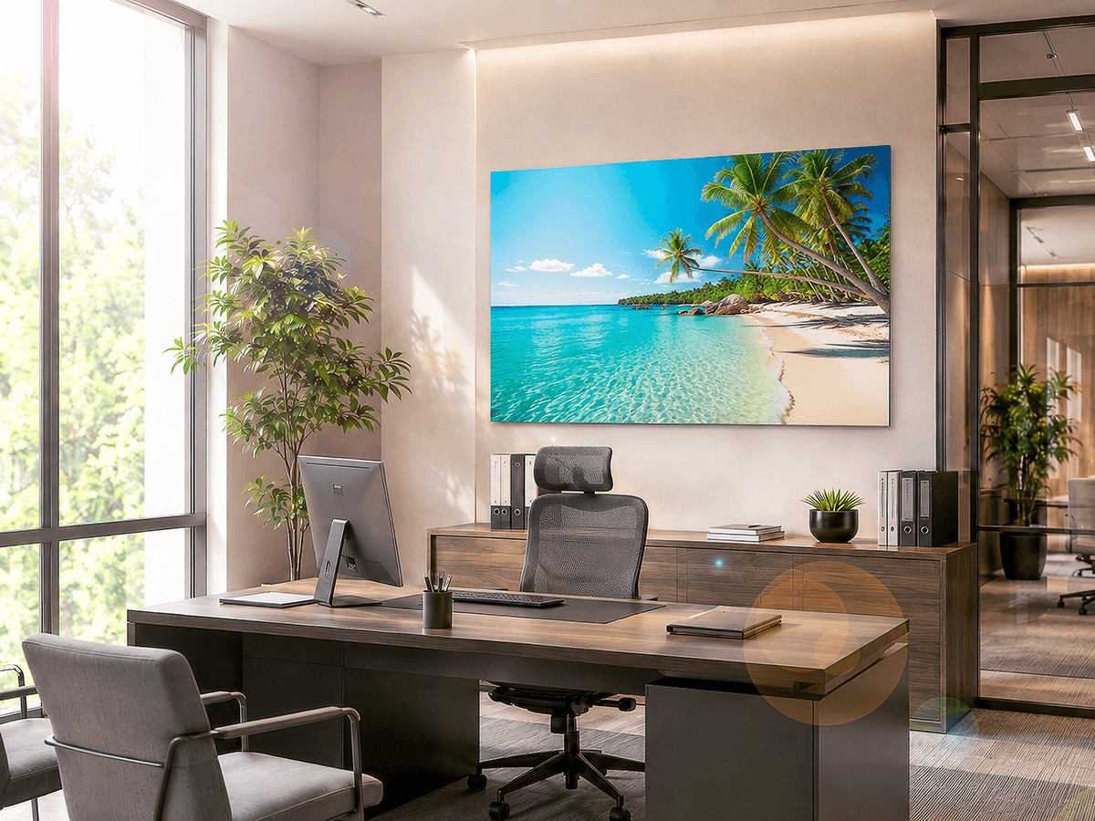 Dibond artwork decorating a contemporary office with minimalist interior design