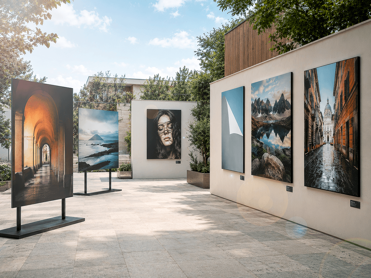 Dibond photo panels installed outdoors at open-air exhibition in park setting