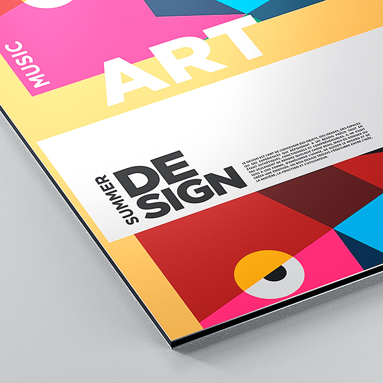 Colourful graphic design poster printed on white Dibond aluminium composite panel, showing the sleek 3mm edge profile