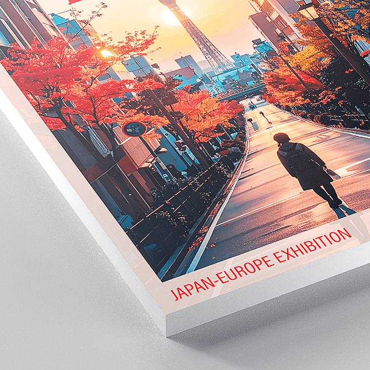 Exhibition poster with autumn Tokyo street scene printed on white Forex PVC foam board, showing the lightweight panel edge