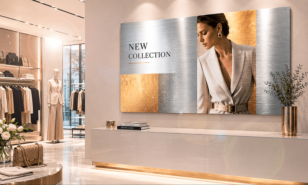Fashion retail display on brushed silver and gold dibond showing New Collection signage in a luxury clothing boutique