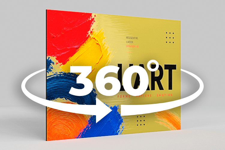 360° view of photo print on gold-brushed Dibond aluminium panel