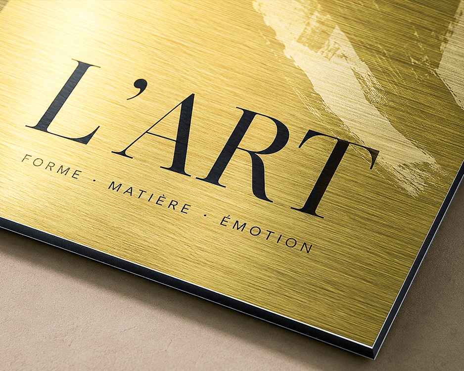 Corner detail of Dibond print with brushed gold aluminum edge finish