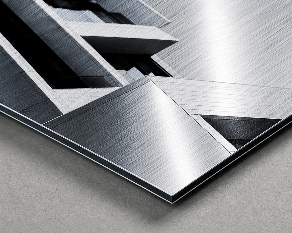 Corner detail of Dibond print with brushed silver aluminum edge finish