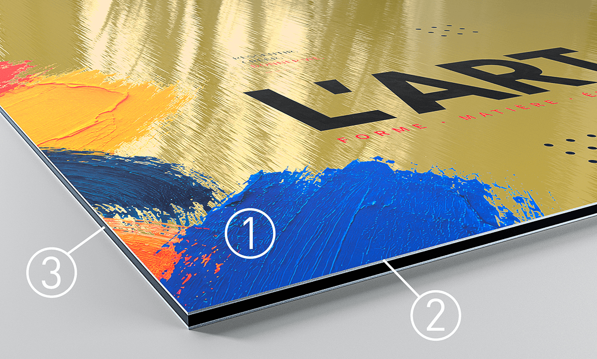 Corner view of brushed gold Dibond panel with numbered layers: printed surface on gold, gold aluminium, and black core