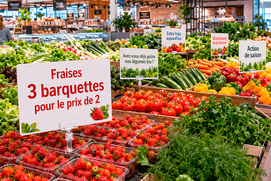 Forex price signs and promotional displays among fresh produce in a supermarket