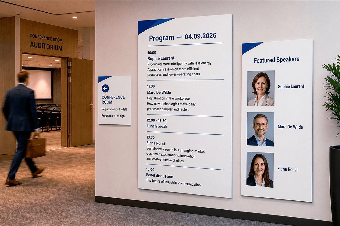 Forex wayfinding signage and event program boards in a corporate conference center