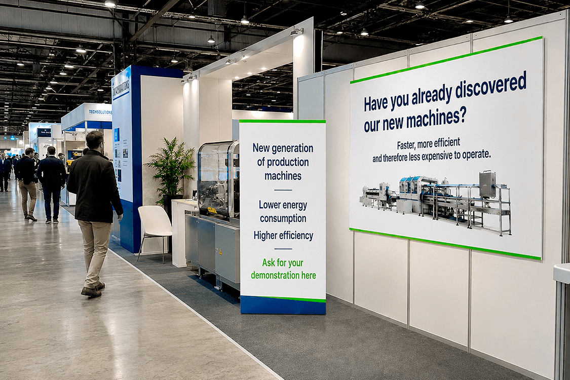 Large Forex signage panels at a trade show booth displaying product information
