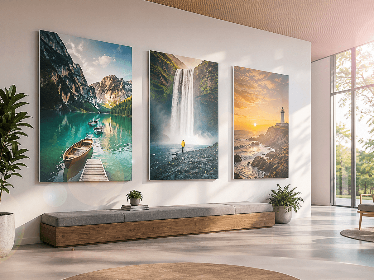 Three large Forex landscape prints of mountain lake, waterfall, and lighthouse in a modern interior with bench