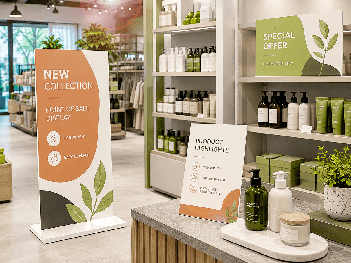 Forex point of sale displays in a cosmetics retail store with freestanding and counter signage