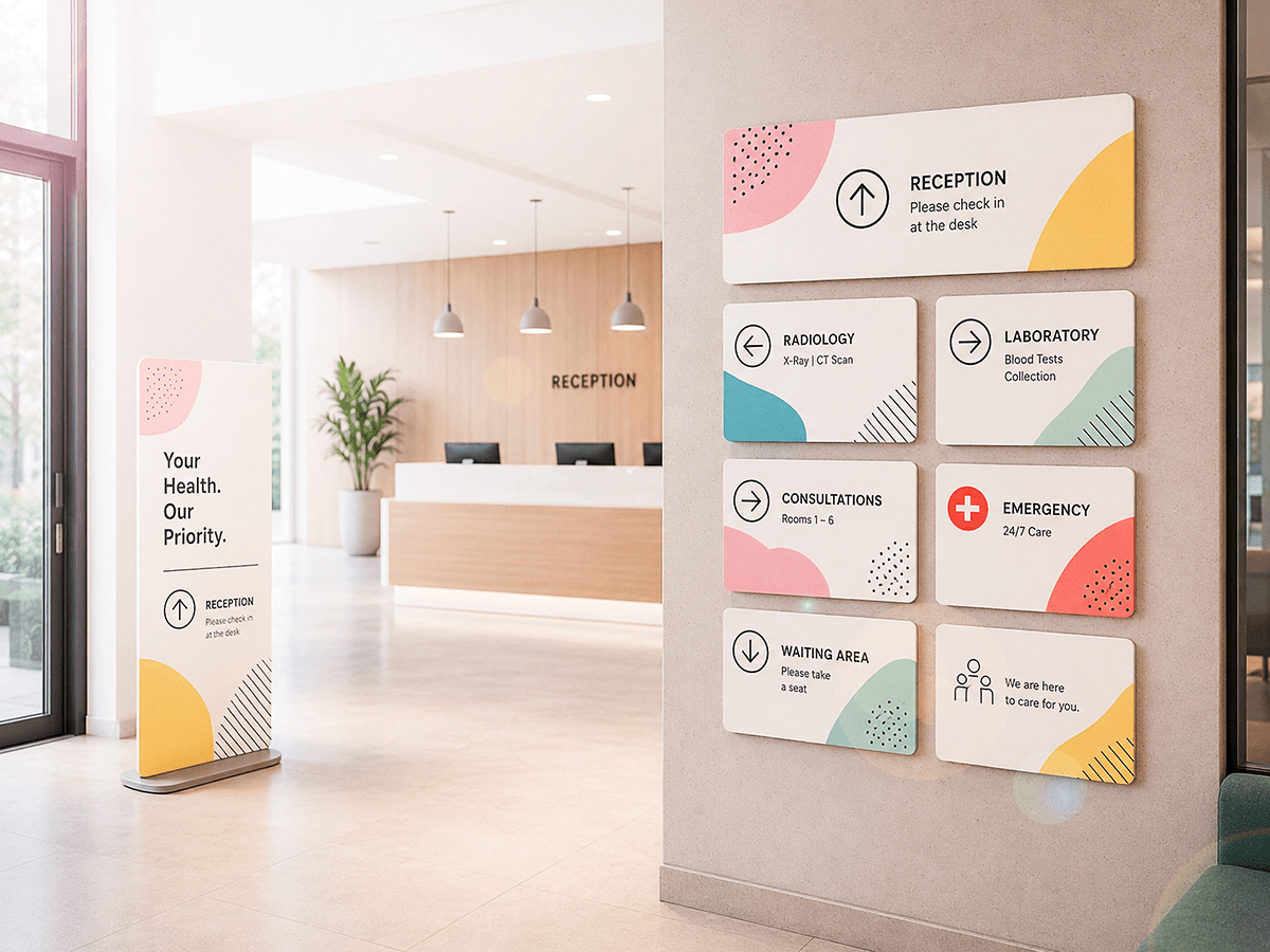 Forex wayfinding signage in a healthcare clinic lobby with directional wall panels and freestanding totem