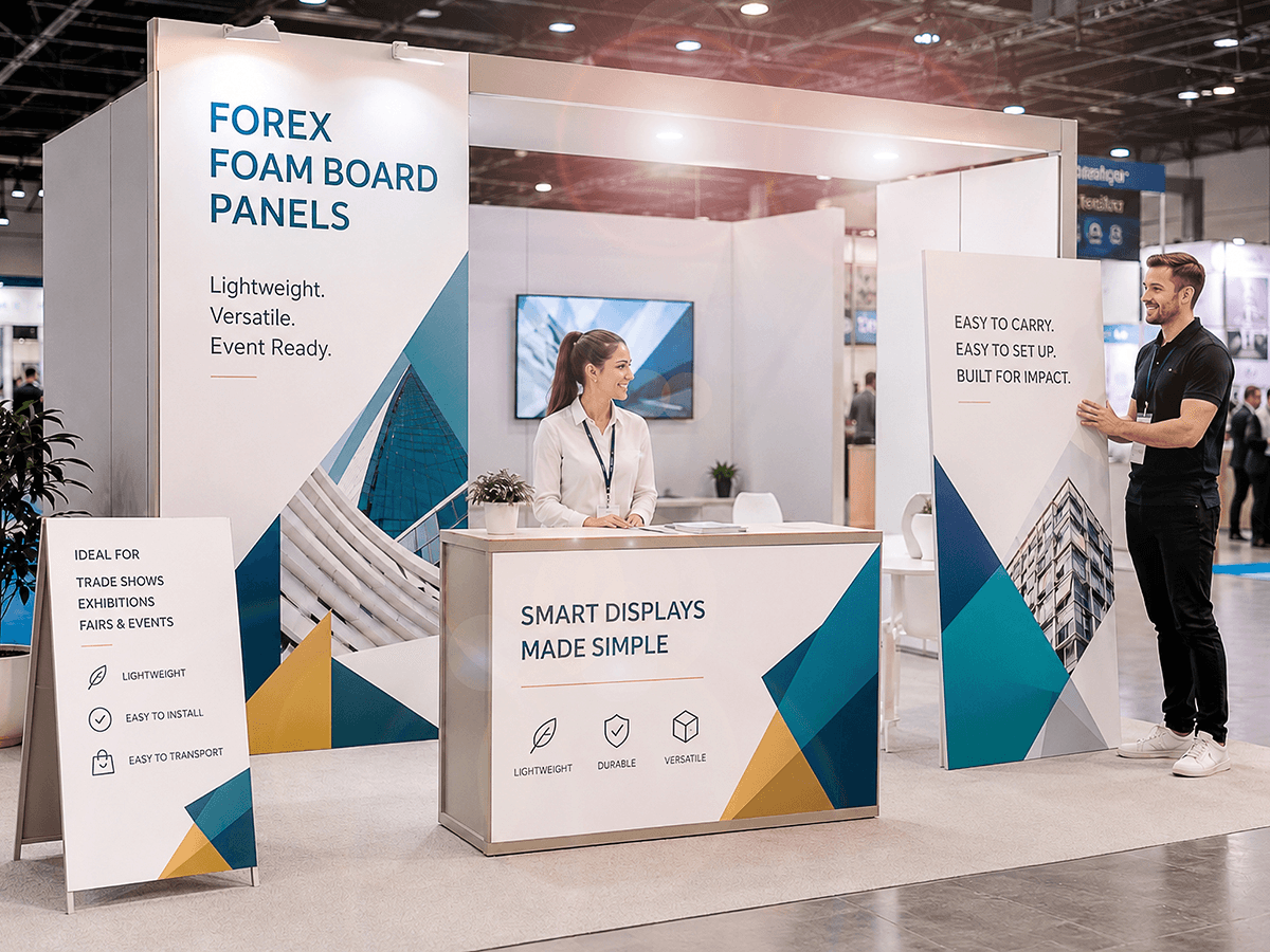 Trade show booth with Forex foam board panels, roll-up banners, and counter display staffed by exhibitors