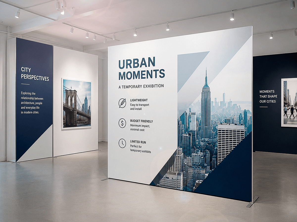 Forex exhibition displays in a gallery with city photography backdrop wall and freestanding information panels