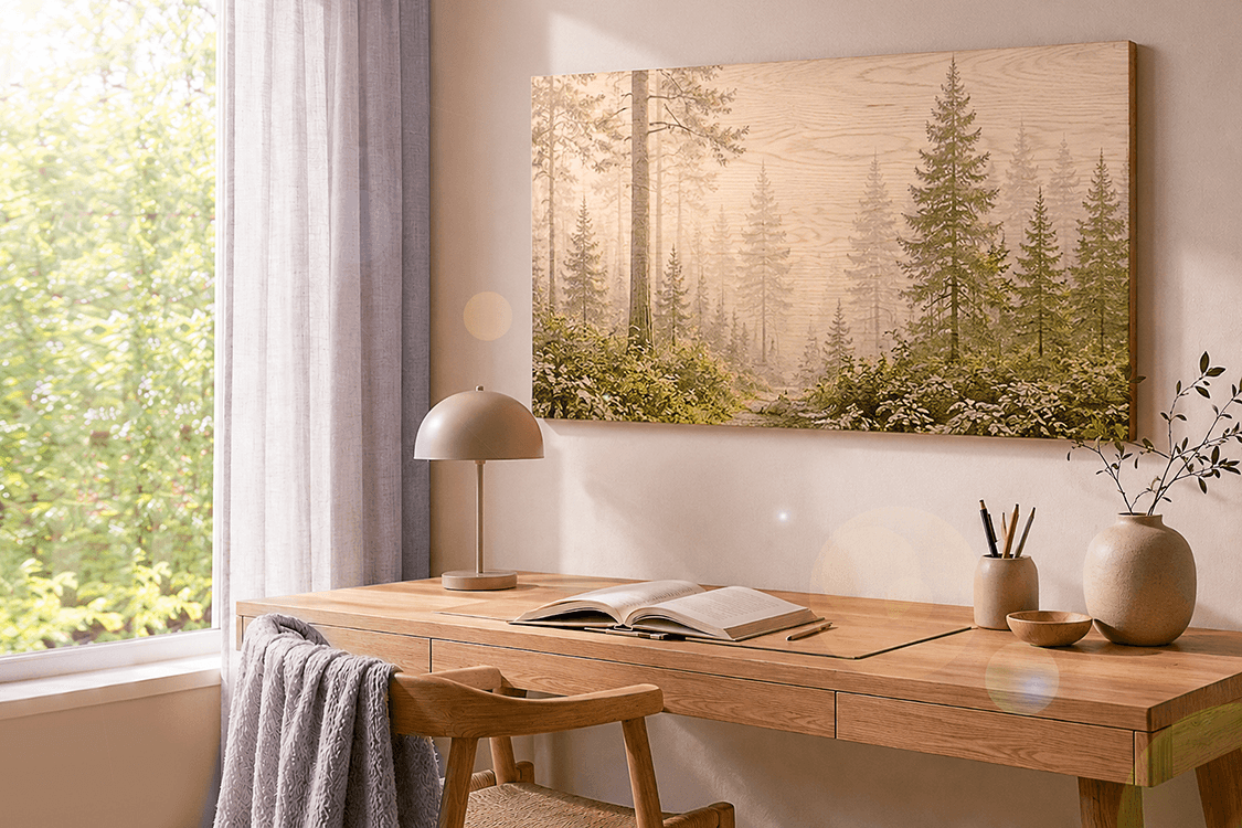 Banova wood print of a misty Scandinavian pine forest with soft golden light, displayed above a minimalist oak desk in a home office
