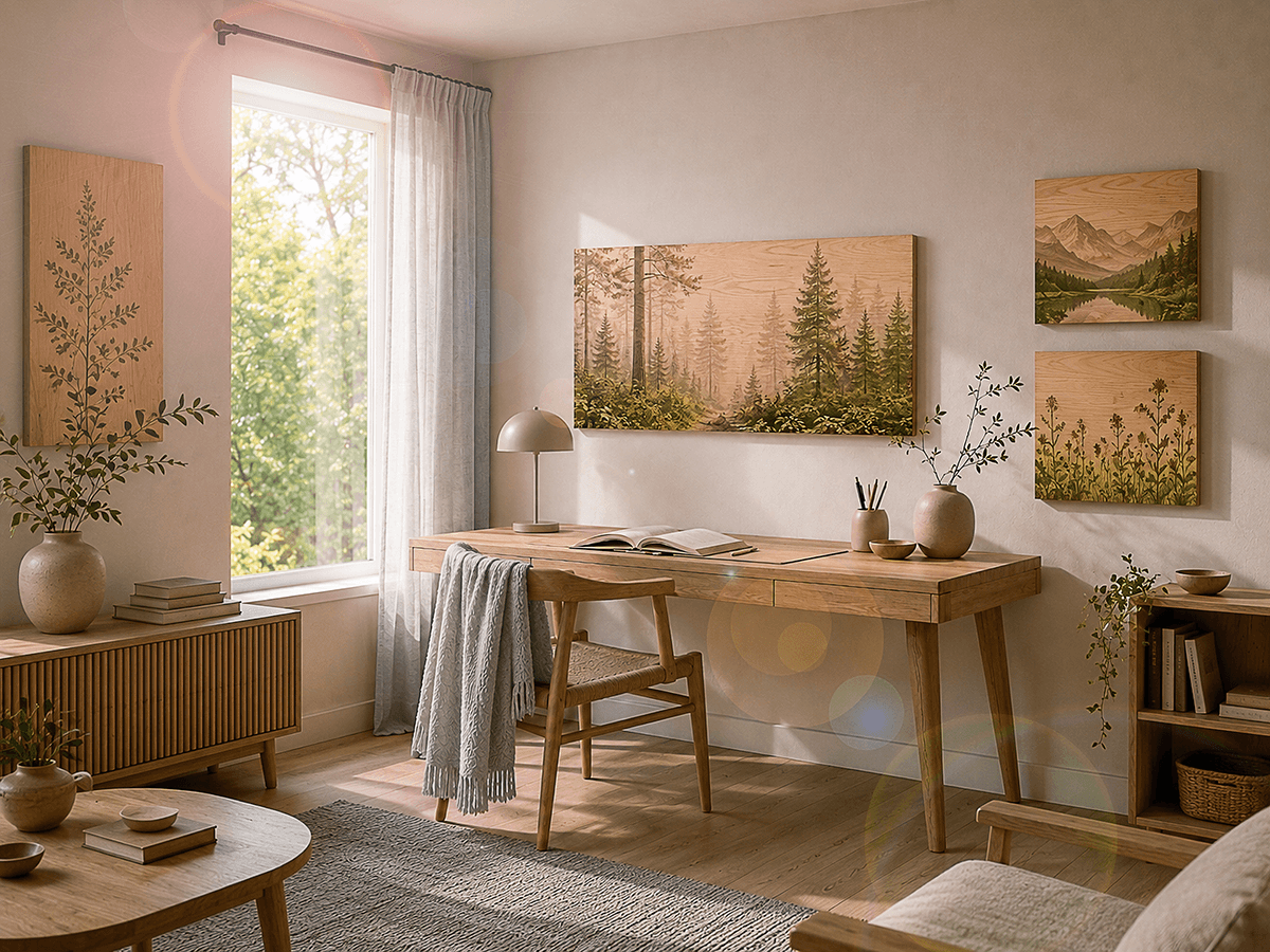 Scandinavian home office with Banova wood prints featuring forest landscapes, mountain views, and botanical designs on warm birch panels