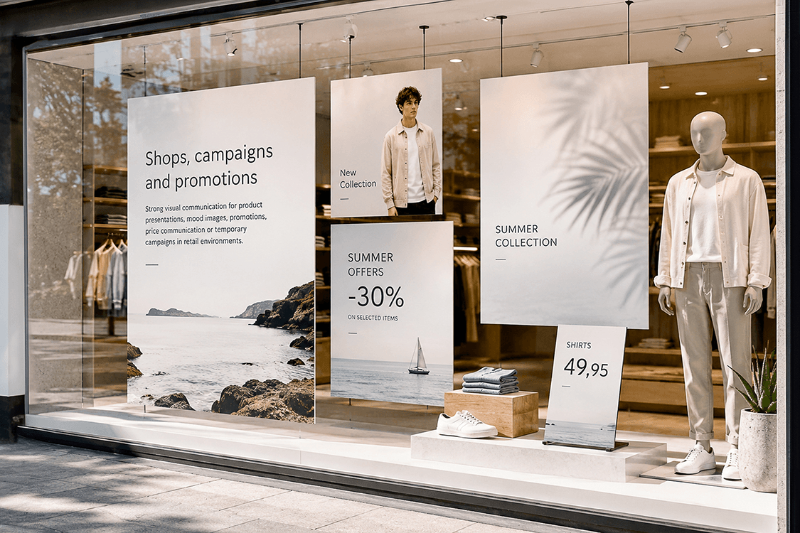 Retail storefront window with Dibond signage panels displaying fashion campaigns, seasonal promotions, and price tags alongside a mannequin