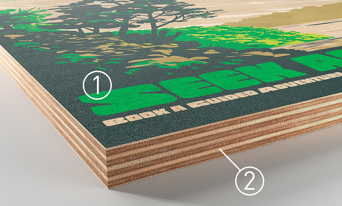 Cross-section of a Banova wood print showing numbered construction layers: UV direct print on premium birch plywood panel