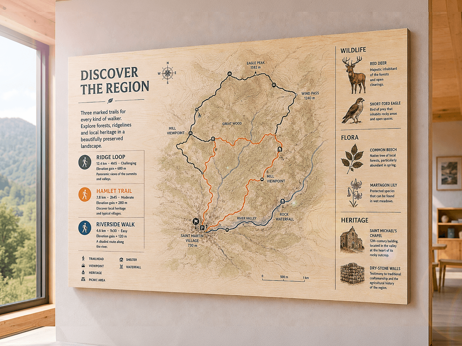 Wood print displaying a regional hiking trail map with wildlife, flora, and heritage illustrations in a modern interior