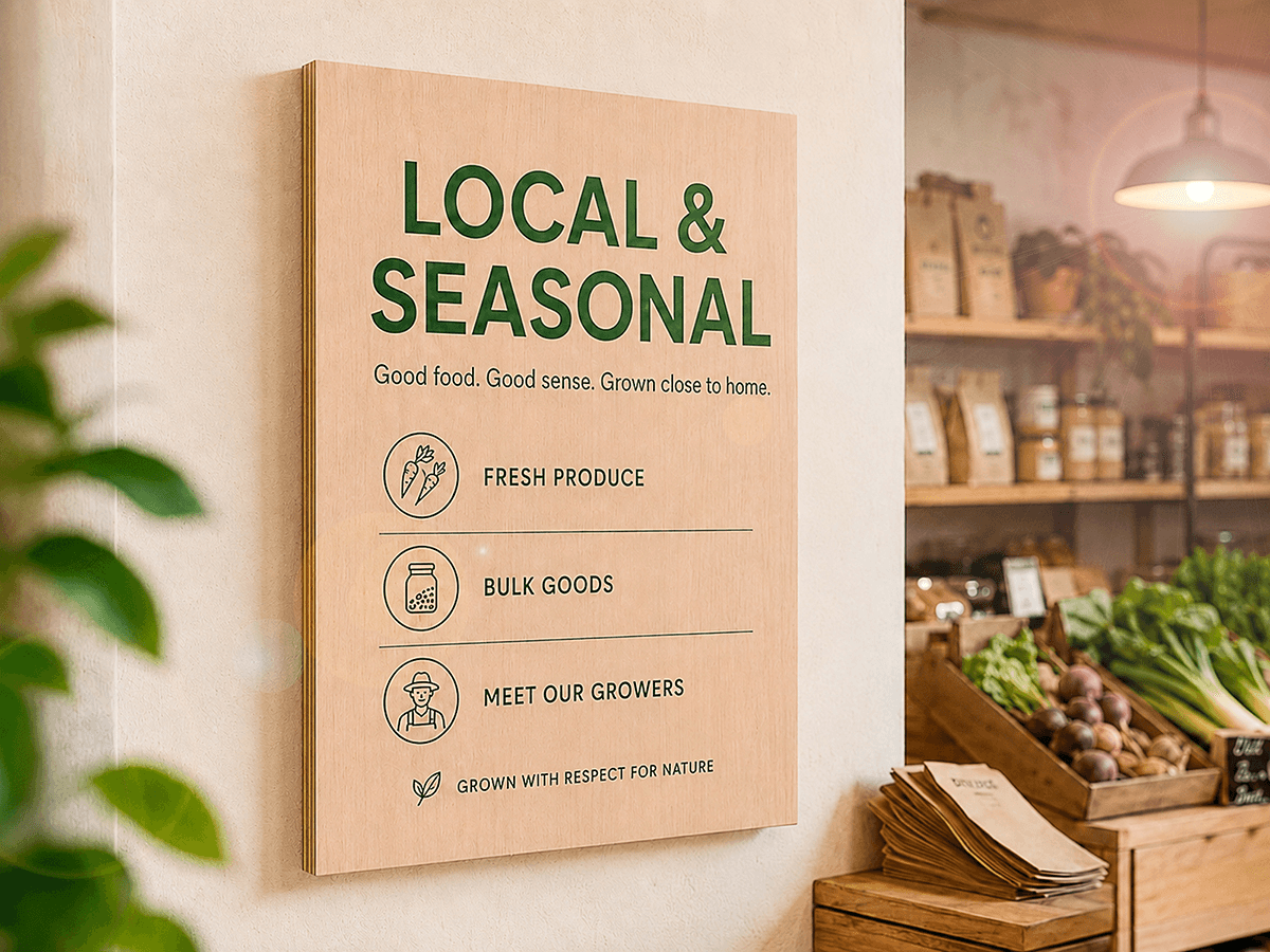 Organic shop signage on birch wood featuring local and seasonal produce information with eco-friendly icons