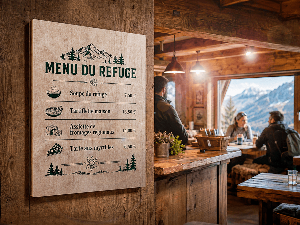 Mountain lodge menu printed on birch wood panel displaying traditional alpine dishes in a rustic chalet setting