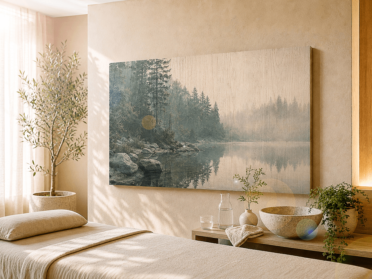 Wellness spa with large birch wood print depicting misty forest lake, creating a calm atmosphere for relaxation