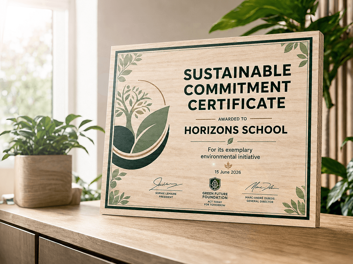 Sustainability commitment certificate printed on birch wood panel with botanical design, awarded for environmental initiative