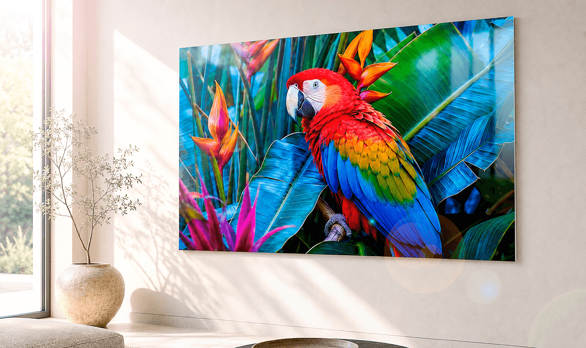 ChromaLuxe metal print of a colourful scarlet macaw parrot among tropical foliage, showcasing the vibrant colour intensity of dye-sublimation printing