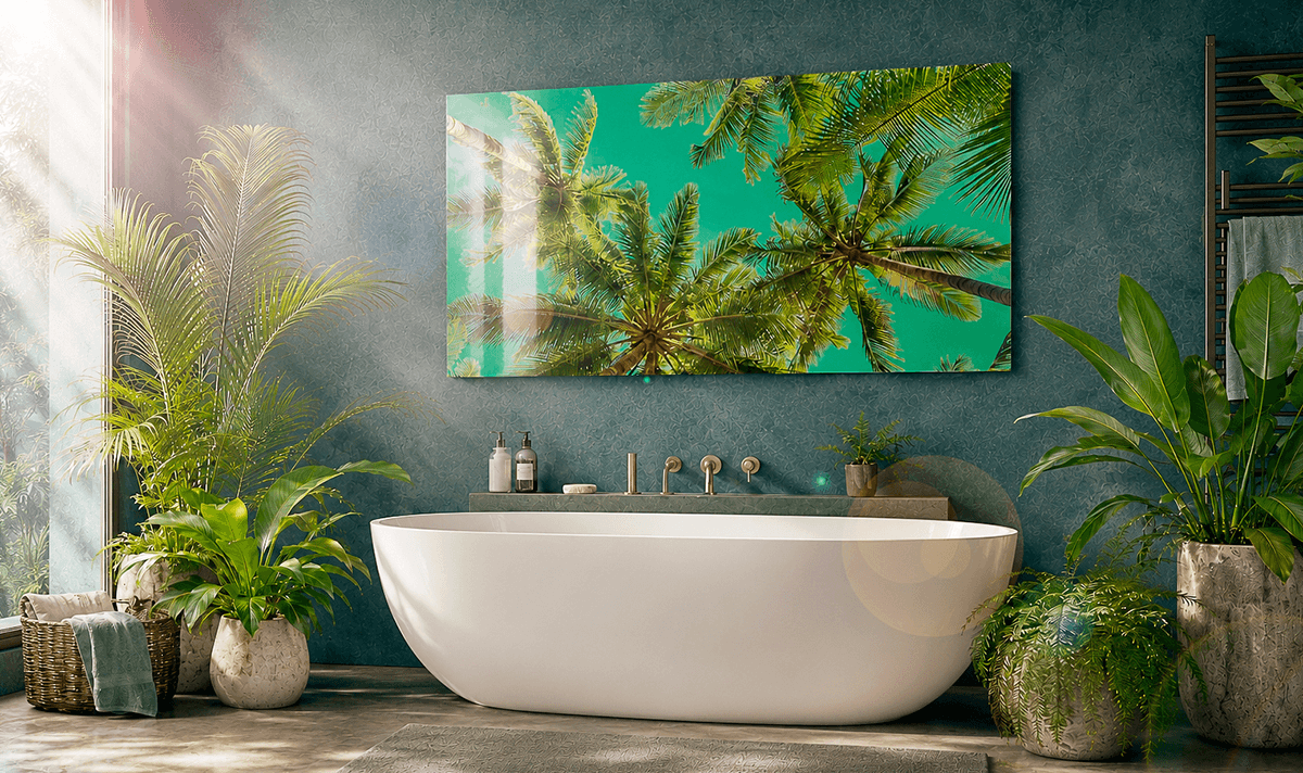 ChromaLuxe metal print of palm trees displayed above a bathtub in a spa-like bathroom, demonstrating moisture resistance for humid environments