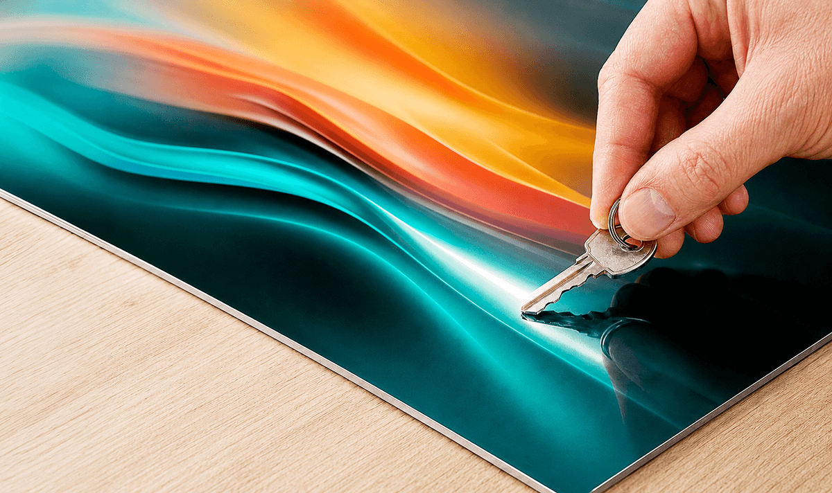 Hand pressing a metal key against a ChromaLuxe print surface, demonstrating the scratch-resistant durability of the coated aluminium