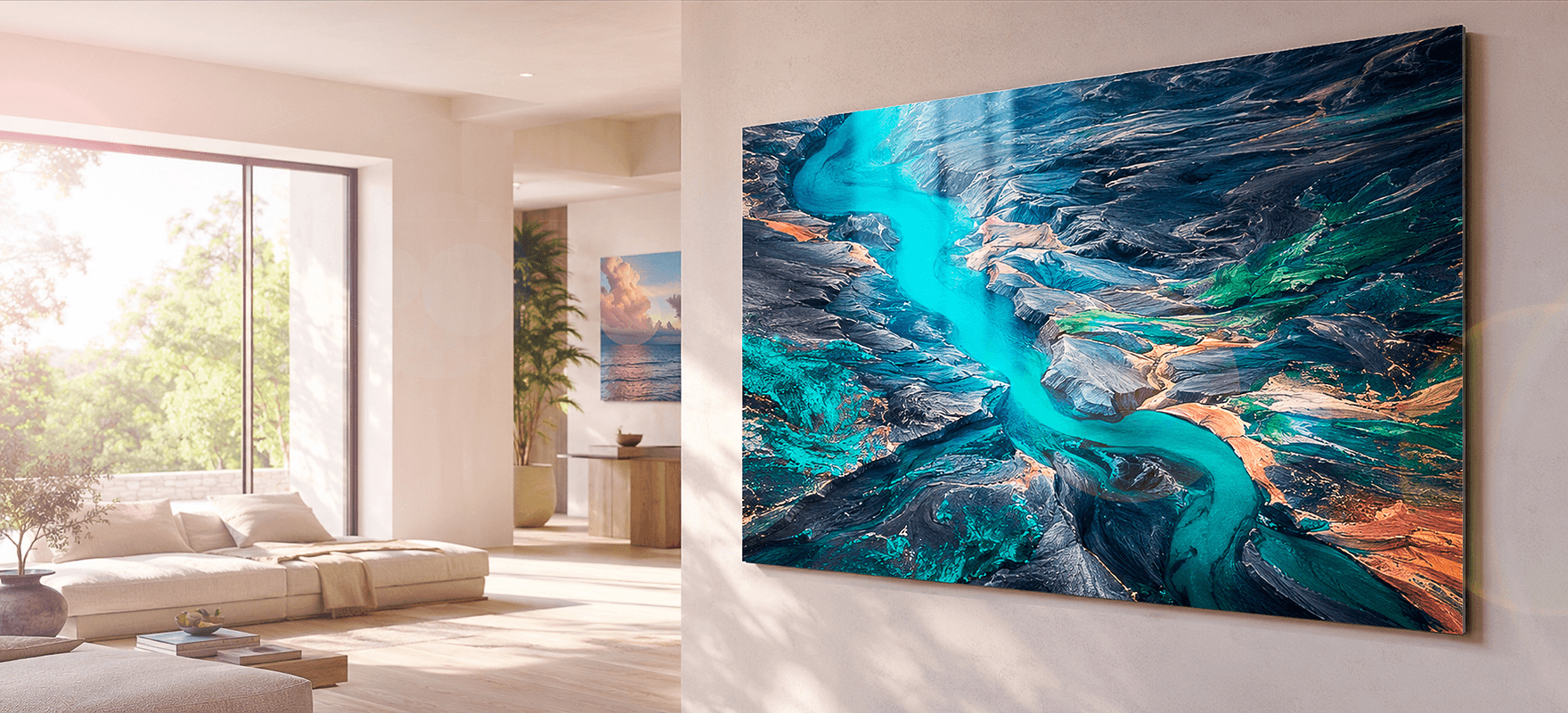 Large ChromaLuxe metal print of a turquoise glacial river winding through colourful volcanic landscape, displayed in a bright modern living room