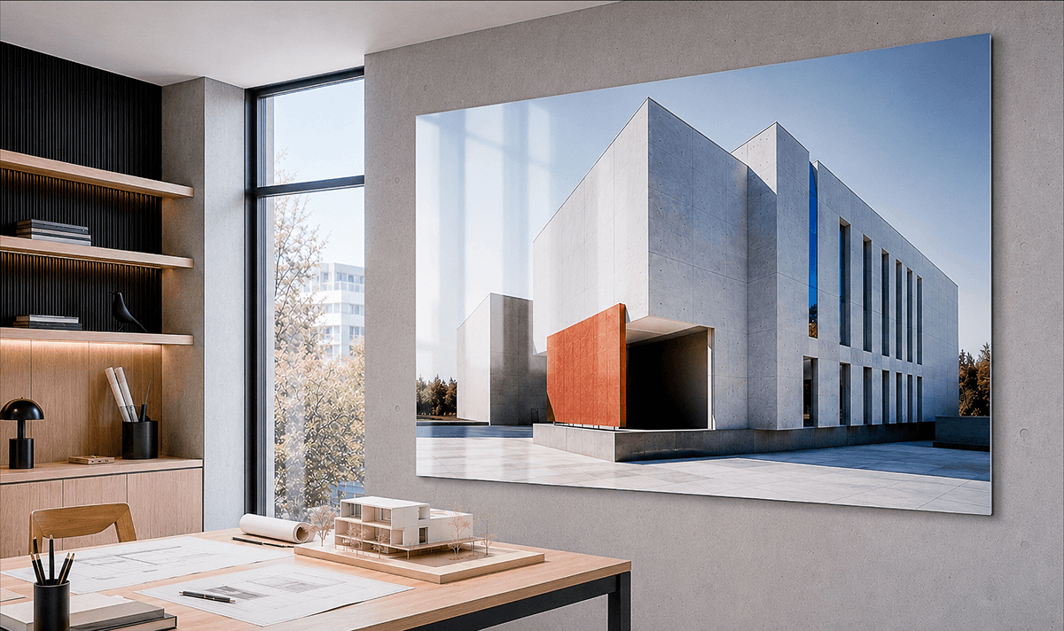 ChromaLuxe metal print of modernist architecture with clean geometric lines displayed in an architect's office with building model