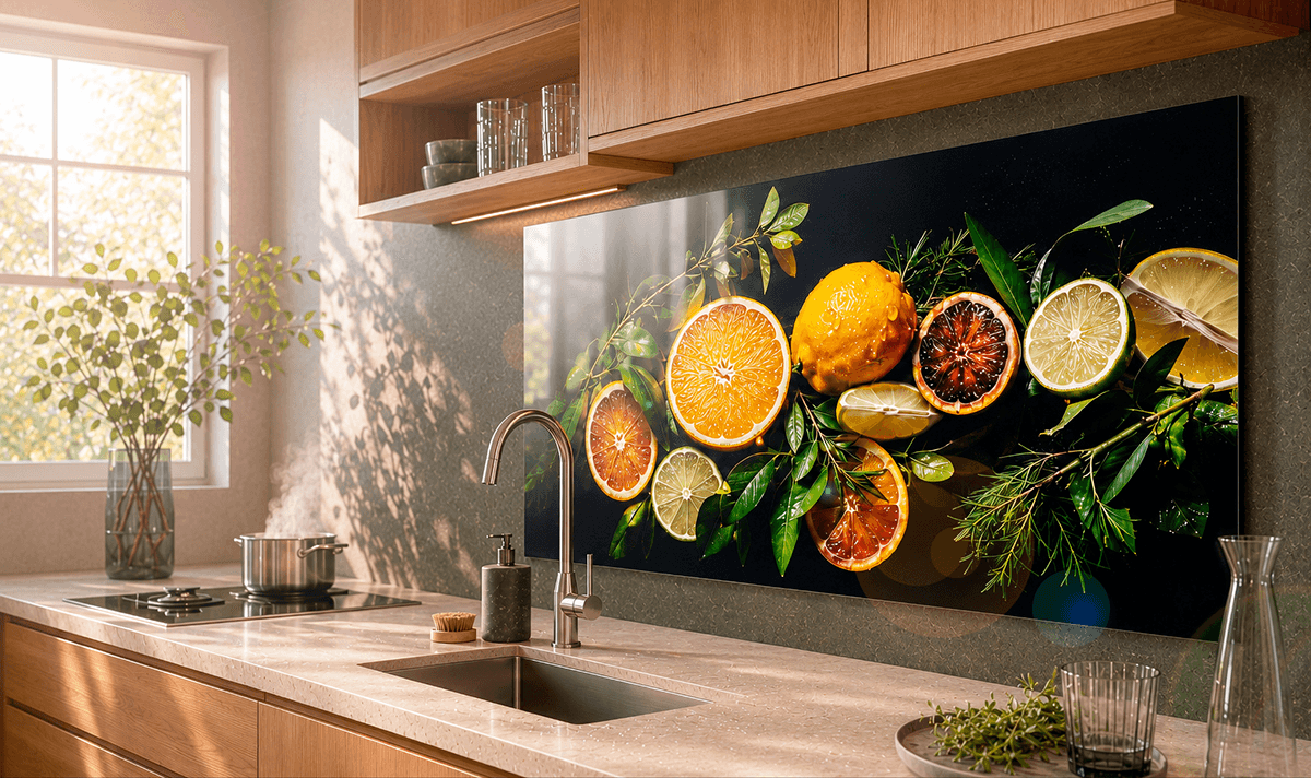 ChromaLuxe metal print of citrus fruits and herbs used as a kitchen splashback, demonstrating heat and moisture resistance for culinary spaces