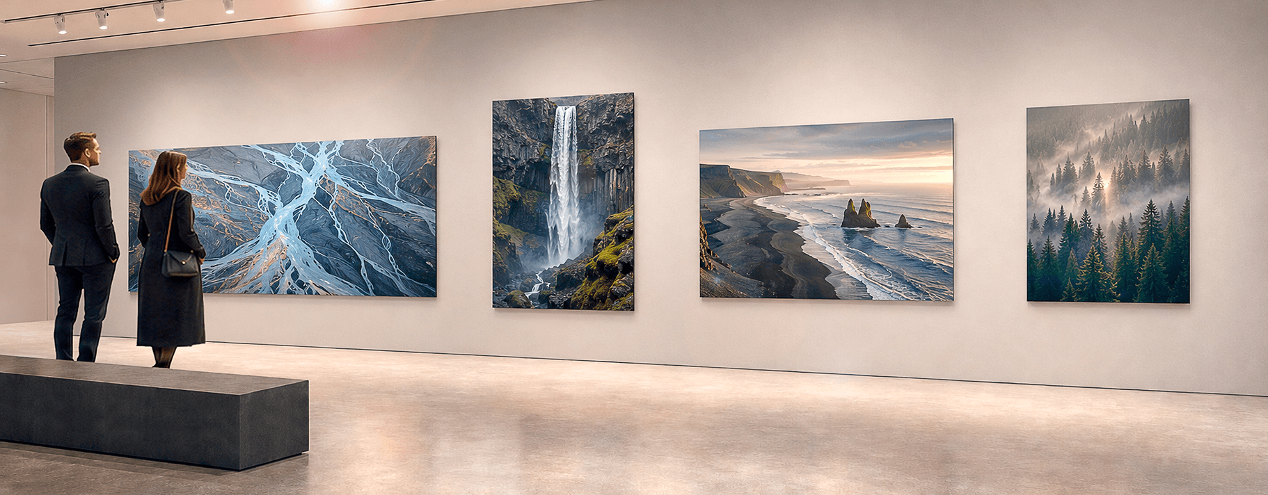 Gallery exhibition space with four large ChromaLuxe metal prints of landscape photography including glacier patterns, waterfall, coastal sunset and misty forest